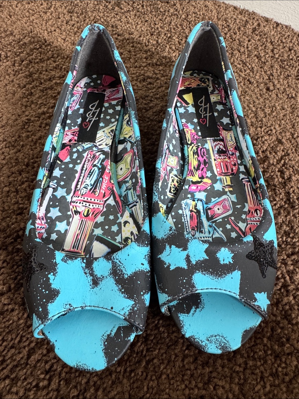 Iron Fist Black & Bright Blue Star Print Peep-Toe Flats